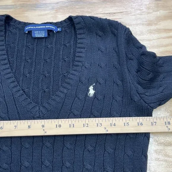 Polo Ralph Lauren Sport Cable Knit Sweater V Neck Women’s Medium Black Preppy - Picture 6 of 8
